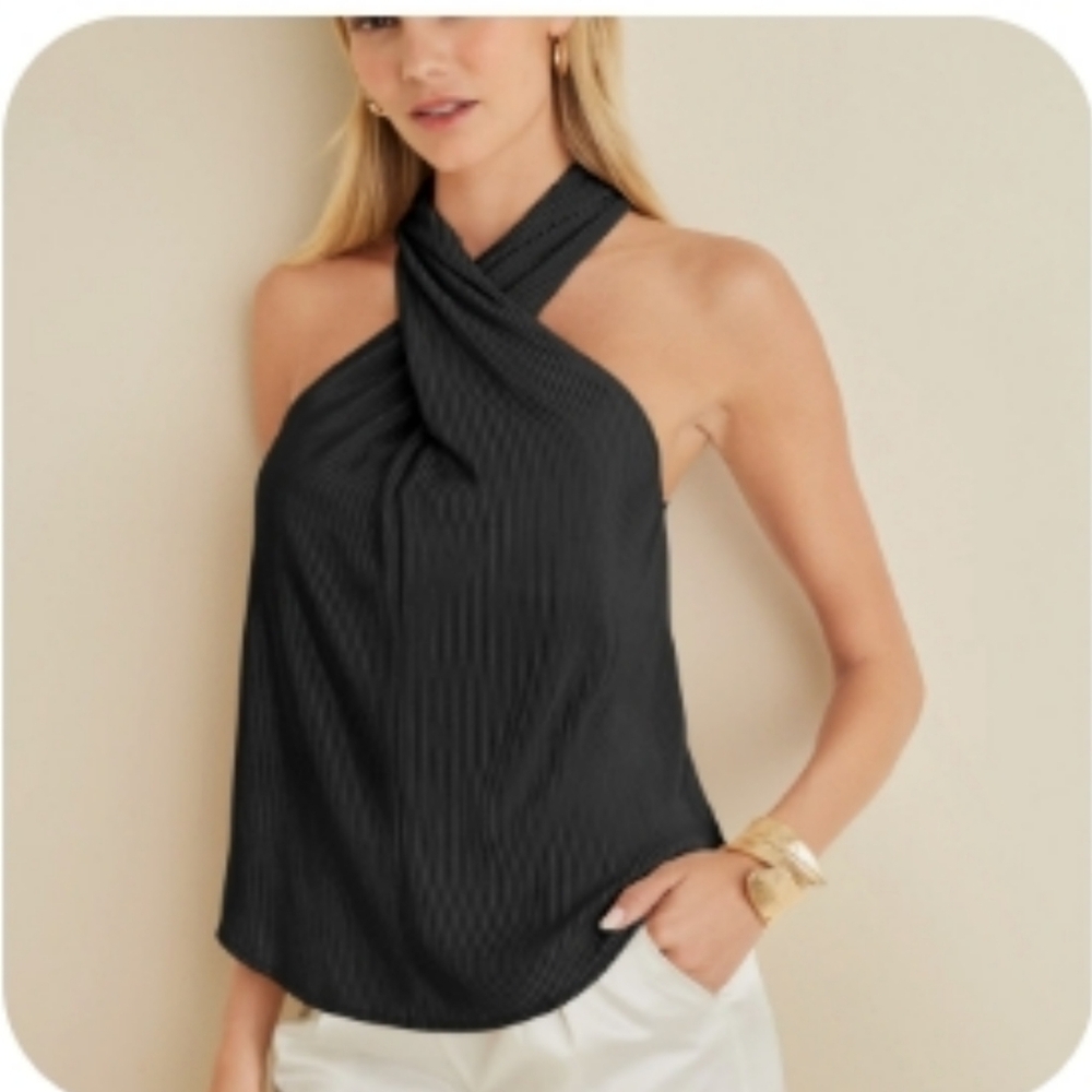 VENUS Black Plisse Cross Neck Halter Top Twist Front Medium